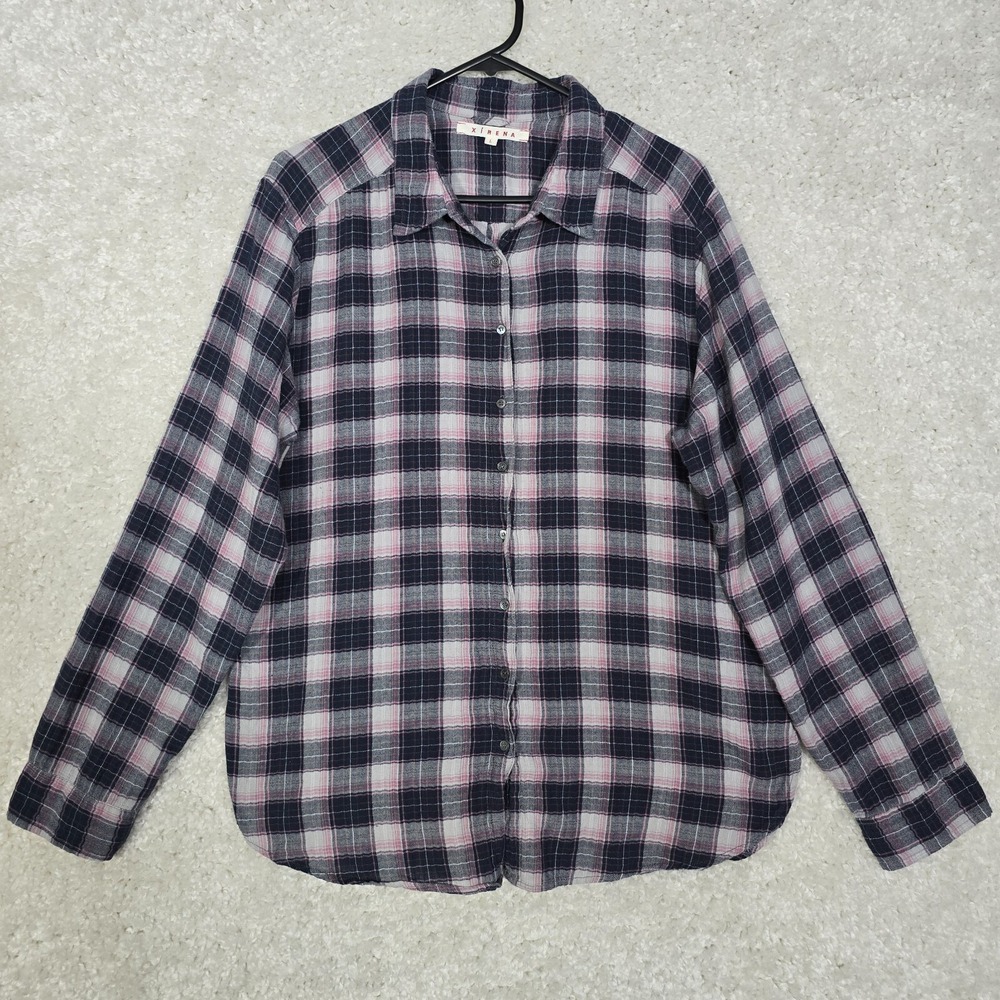 Xirena Shirt Womens Large Gray Pink Plaid Cotton Button Up Relaxed Fit Layers